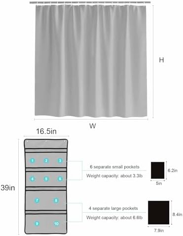EZON-CH 36x78 stainless shower curtain set with hanging organizer Charcoal Gray