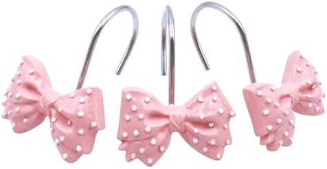 Decorative Bow Shower Curtain Hooks 12 Pcs Pink Polka Dots