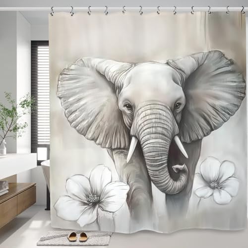 Cute Elephant Shower Curtain with 12 Hooks