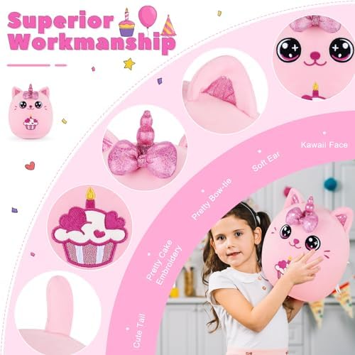Auspicious Beginning Birthday Unicorn Cat Plush Pillow - 11 Inches Pink