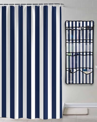 Navy Blue Waterproof Folding Shower Curtain with Hanging Organizer