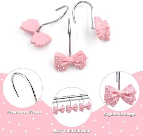 Decorative Bow Shower Curtain Hooks 12 Pcs Pink Polka Dots