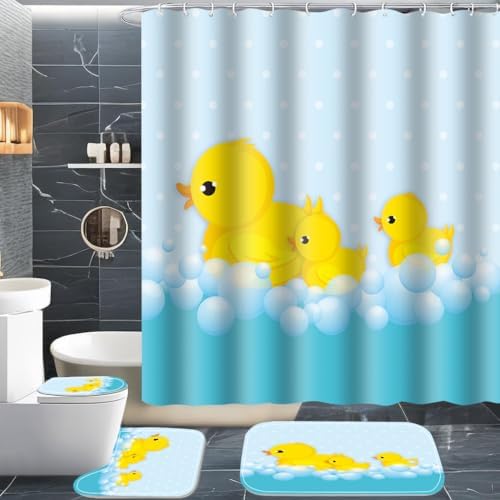 Cute Yellow Duck Bath Set with Non-Slip Rugs and Toilet Lid Cover