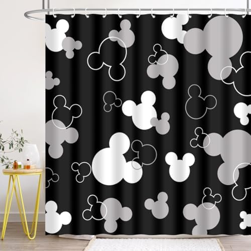 Mouse Head Shower Curtain for Children Black Background with Cartoons