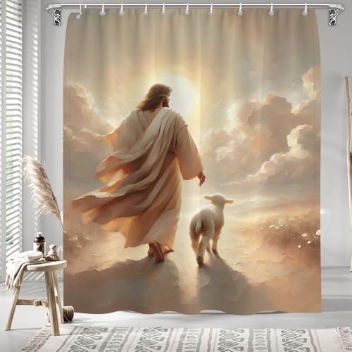 Savior Heal Comfort Womens Bathroom Curtain Jesus Hugging Fabric Design 72x72
