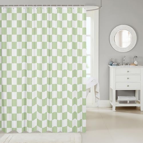 Manfei Green Check Geometric Plaid Shower Curtain Set