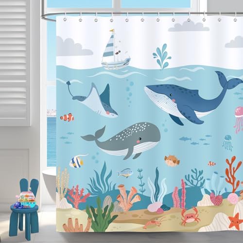 Bonhause Kids Bath Under the Sea Whales and Coral Curtain