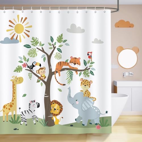 Bonhause Jungle Animal shower curtain for kids Waterproof 72x72 fun bath time