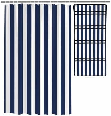 Navy Blue Waterproof Folding Shower Curtain with Hanging Organizer