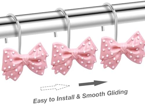 Decorative Bow Shower Curtain Hooks 12 Pcs Pink Polka Dots