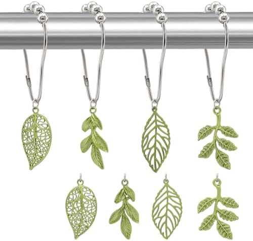 Elegant Leaf Shower curtain hooks - Green Metal Rustproof Set of 12