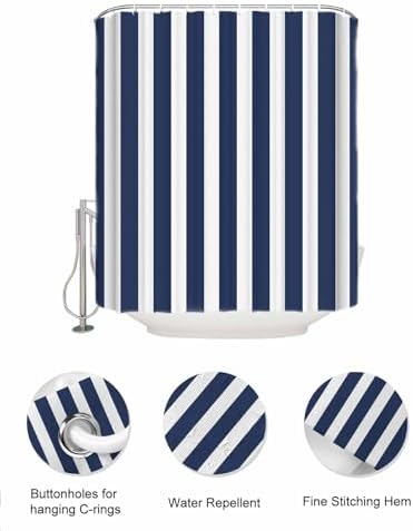 Navy Blue Waterproof Folding Shower Curtain with Hanging Organizer