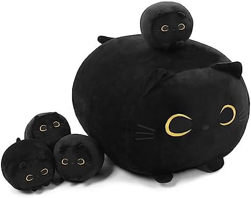 Black Cat Stuffed Animal with Four Squishy Babies