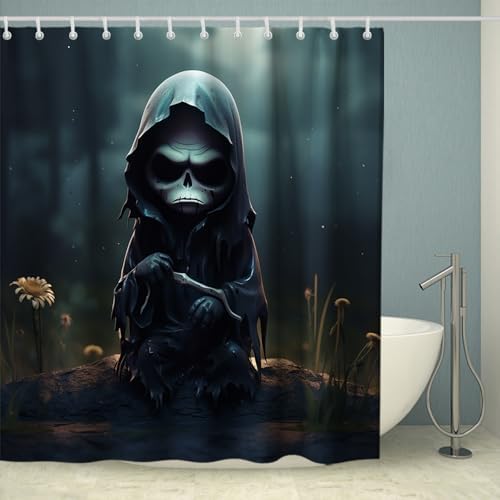 Cute Gothic Skeleton Shower Curtain Set Black Spooky Theme Waterproof