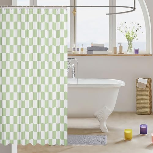 Manfei Green Check Geometric Plaid Shower Curtain Set