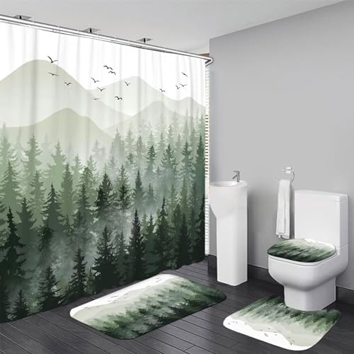 DDQQ 4Pcs Green Misty Forest Shower Curtain Set with Hooks