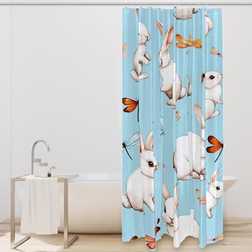 Bunnies Dragonflies Playtime - Durable Waterproof Bathroom Curtain