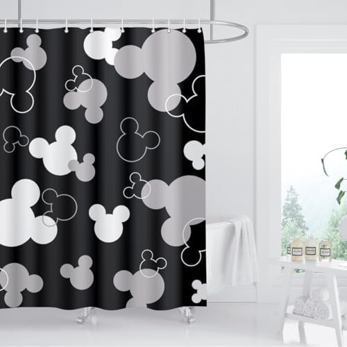 Mouse Head Shower Curtain for Children Black Background with Cartoons