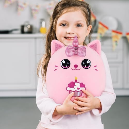 Auspicious Beginning Birthday Unicorn Cat Plush Pillow - 11 Inches Pink