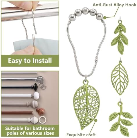 Elegant Leaf Shower curtain hooks - Green Metal Rustproof Set of 12