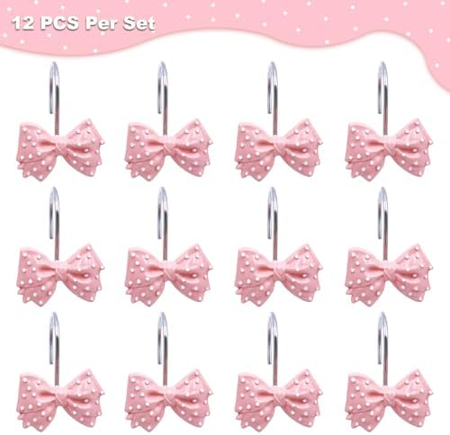 Decorative Bow Shower Curtain Hooks 12 Pcs Pink Polka Dots