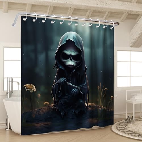 Cute Gothic Skeleton Shower Curtain Set Black Spooky Theme Waterproof