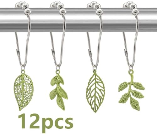 Elegant Leaf Shower curtain hooks - Green Metal Rustproof Set of 12