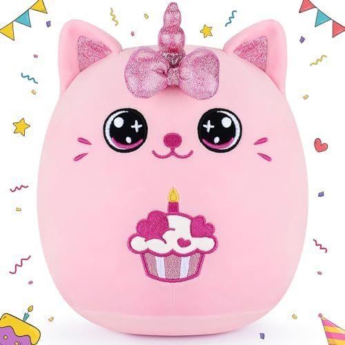 Auspicious Beginning Birthday Unicorn Cat Plush Pillow - 11 Inches Pink
