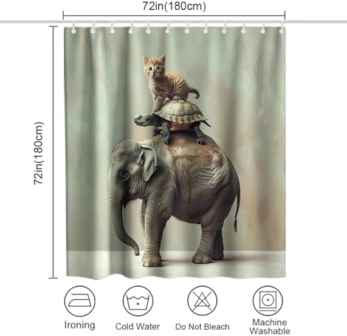 OTRANTO Cute Grey Elephant Turtle Cat Family Shower Curtain Set
