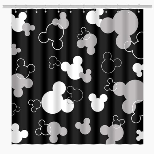 Mouse Head Shower Curtain for Children Black Background with Cartoons