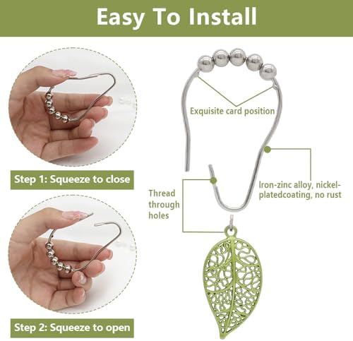 Elegant Leaf Shower curtain hooks - Green Metal Rustproof Set of 12
