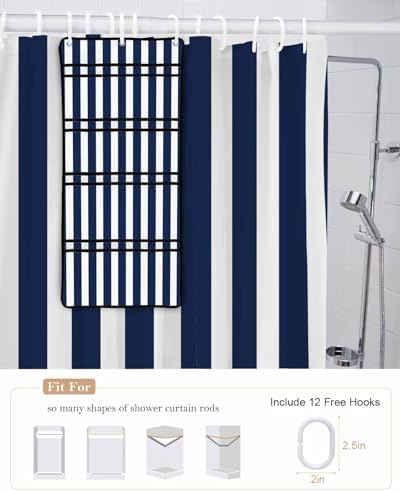 Navy Blue Waterproof Folding Shower Curtain with Hanging Organizer