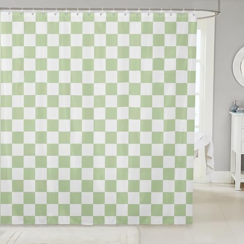 Manfei Green Check Geometric Plaid Shower Curtain Set