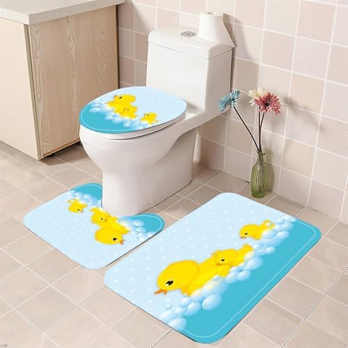 Cute Yellow Duck Bath Set with Non-Slip Rugs and Toilet Lid Cover