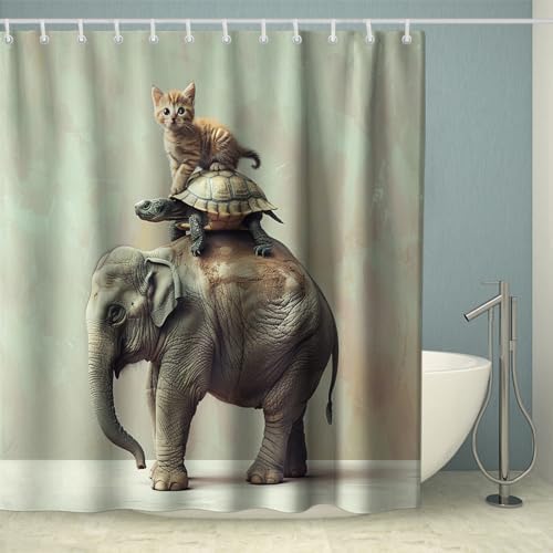 OTRANTO Cute Grey Elephant Turtle Cat Family Shower Curtain Set