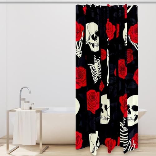 Bath Skeleton Skull Hand Holds Roses Shower Curtain Set - waterproof durable
