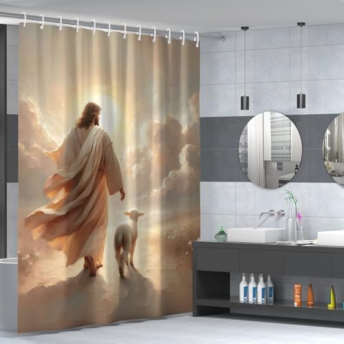 Savior Heal Comfort Womens Bathroom Curtain Jesus Hugging Fabric Design 72x72