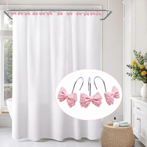 Decorative Bow Shower Curtain Hooks 12 Pcs Pink Polka Dots