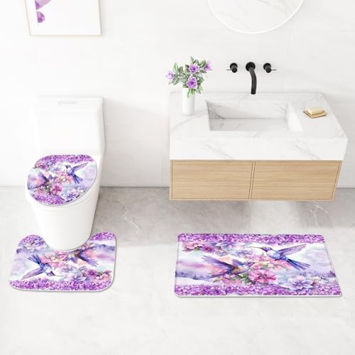 4-Pcs Purple Hummingbird Bath Decor Set with Rugs