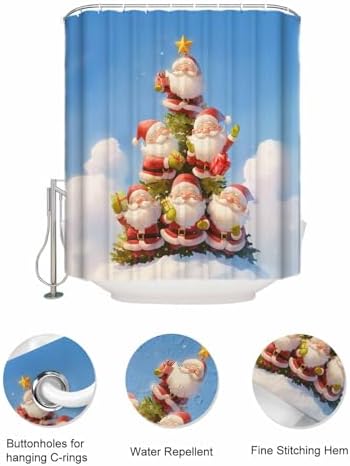 Christmas Shower Curtain - Easy Setup for Santa and Gnome Theme - 36x78