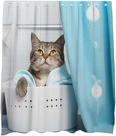 Cute Cat Bathing Shower Curtain Set with Hooks