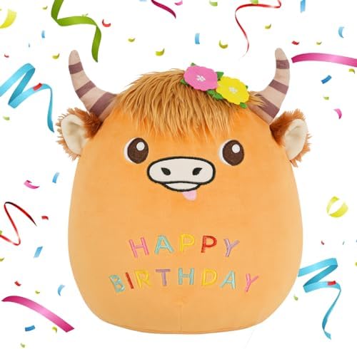 Happy Birthday Plush Pillow Fun Birthday Cow Stuffed Animal 10 Inch