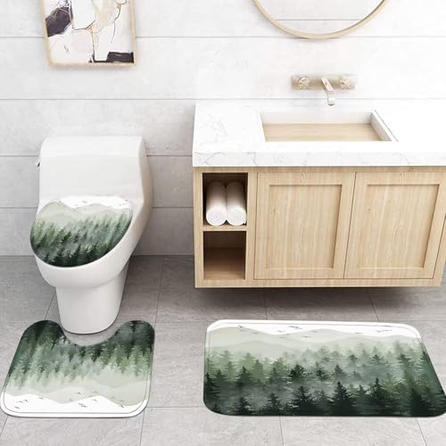 DDQQ 4Pcs Green Misty Forest Shower Curtain Set with Hooks