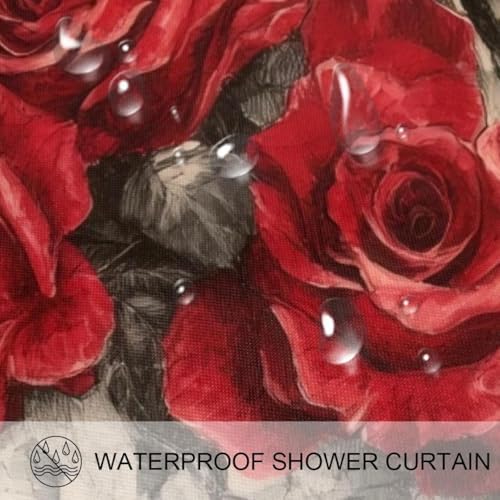 Vintage Skull Clock Red Roses Bath Curtain