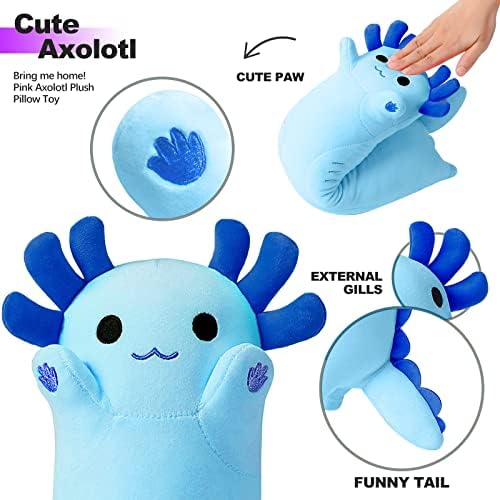 Blue Long Axolotl Plush Pillow for Kids and Adults