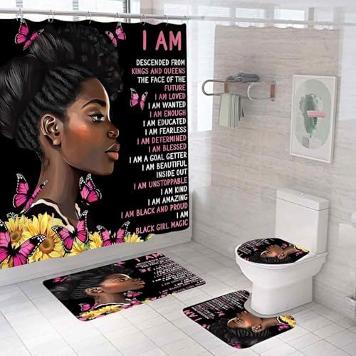 4PCS Black Girl Shower Curtain Set with Rugs Quotes