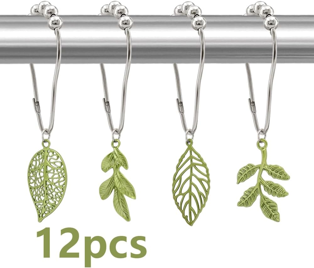 Elegant Leaf Shower curtain hooks - Green Metal Rustproof Set of 12
