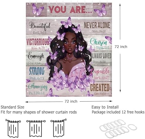 JAWO Black GirL Showers African American Butterfly 72x72 12 Hooks Modern Design