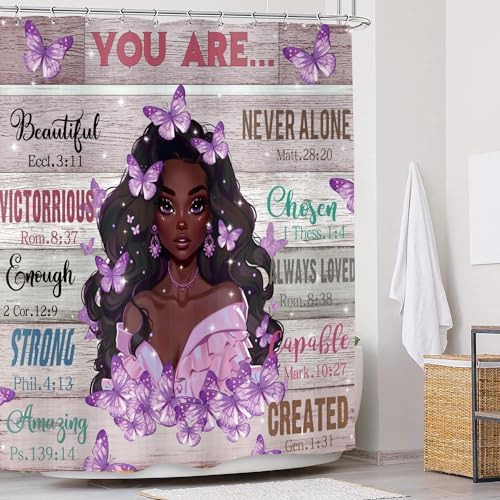 JAWO Black GirL Showers African American Butterfly 72x72 12 Hooks Modern Design