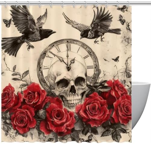 Vintage Skull Clock Red Roses Bath Curtain